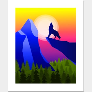 Minimalist Mountain Landscape, Wolf Howling at Sunset Posters and Art